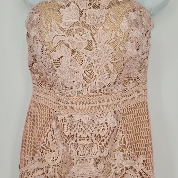 Fashion Nova Pink Crochet Lace Strapless Maxi Dress w/Built-in Shorts - Picture 5 of 9